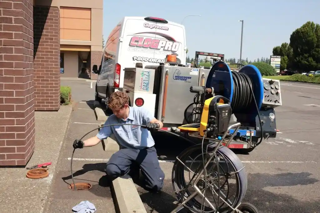Tech running a snake down a pipe in front of a strip mall business
