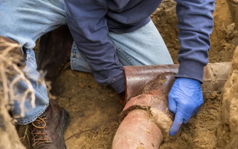 A Clog Pro technician digs out water main of Portland OR home before sewer line replacement service