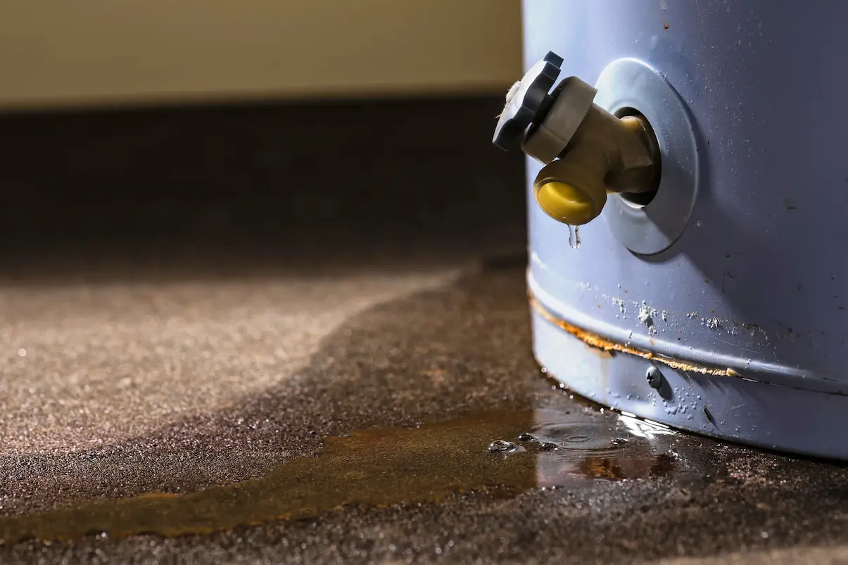  A close-up of a pressure release valve on the side of water heater leaking onto the concrete floor below.