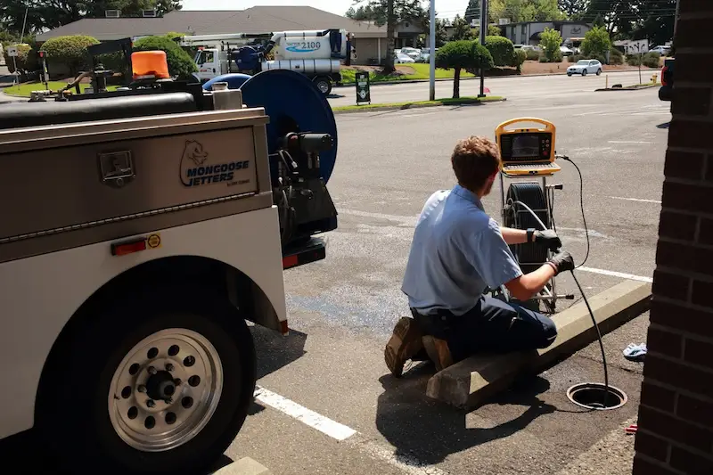 drain-cleaning Technician running a camera down a drain pipe looking for clogs
